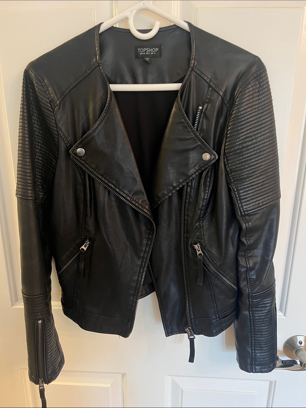 Topshop Black Quilted-Sleeve Faux Leather Moto Jacket